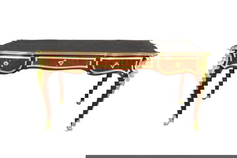 LOUIS XVI STYLE GILT BRONZE MOUNTED MARQUETRY LEATHER TOP DESK: After a model by Francois Linke. Bronze mounted. Marquetry. 3 drawers. Leather top. 30 1/8" h x 61 1/2" w x 35 1/4" d.