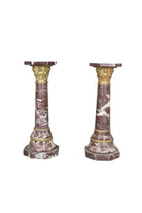 PAIR OVERSIZED MARBLE & BRONZE MOUNTED PEDESTALS: White veined marble. Bronze mounted. 44 3/4" h x 16" diameter.