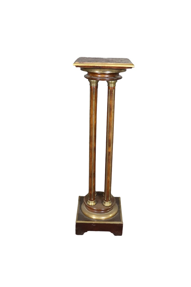 ENGLISH 4 COLUMN ROSEWOOD & BRONZE MOUNTED MARBLE TOP PEDESTAL: Rosewood. 4 column. Bronze mounted. 44 1/2" h x 12 3/4" diameter.
