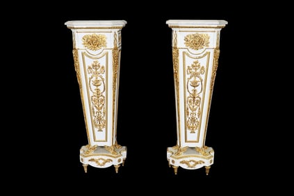 PAIR PALACE SIZE WHITE LACQUERED SATINWOOD DORE BRONZE MOUNTED MARBLE TOP PEDESTALS