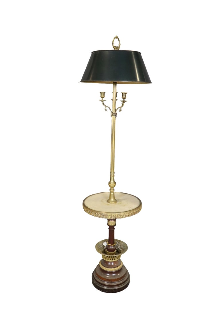 GILT METAL & MARBLE TOP FLOOR LAMP: Tole shade. Marble top. Gilt metal mounted. 3 lights. 3 candelabras. Wood. 68" h x 16 1/4" diameter.