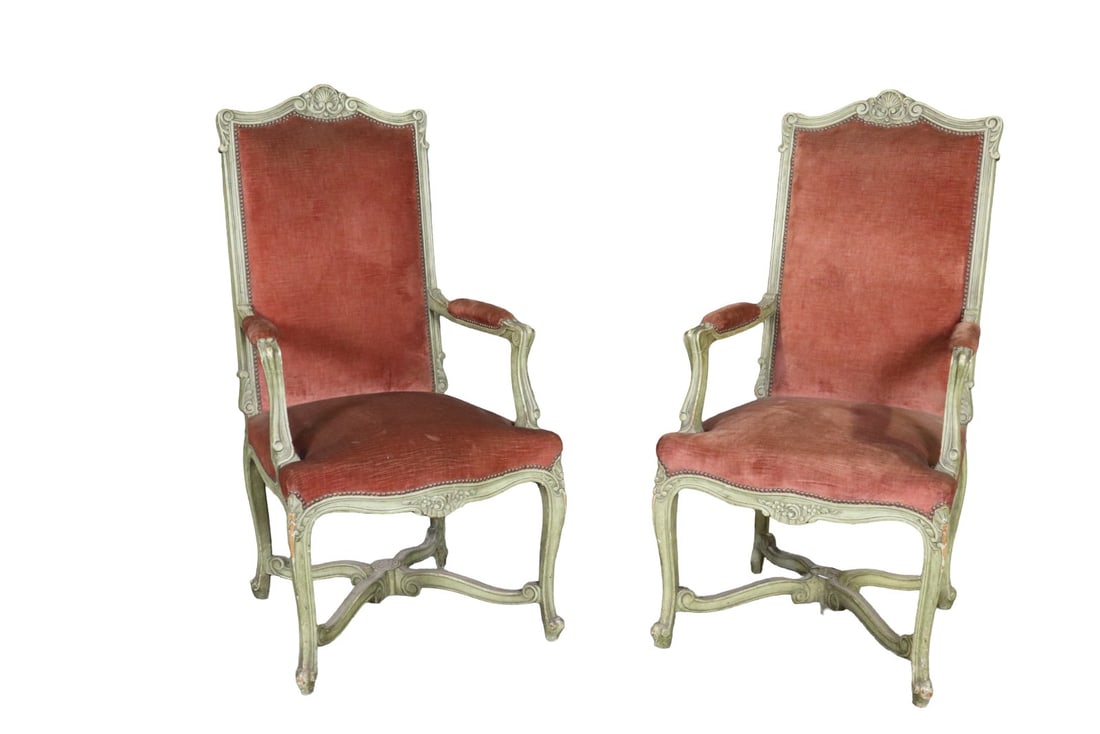 PAIR LOUIS XV STYLE PAINTED FAUTEUILS: Carved painted frames. Upholstered seat and back. Nail head trim. 46 1/4" h x 23 3/8" w x 21 1/2" d. Seat height 19 1/4".