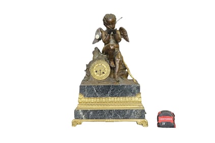 BRONZE CHERUB FIGURAL & MARBLE MANTLE CLOCK