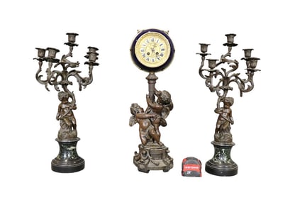19TH C FRENCH BRONZE 3 PIECE CLOCK SET