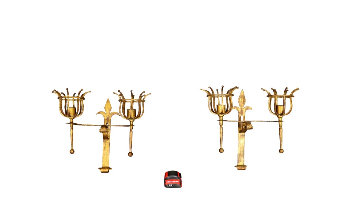PAIR WROUGHT IRON GILT PAINTED WALL SCONCES: Wrought iron. Gilt painted. 2 arms. 15 1/2" h x 18" w x 11 3/4".