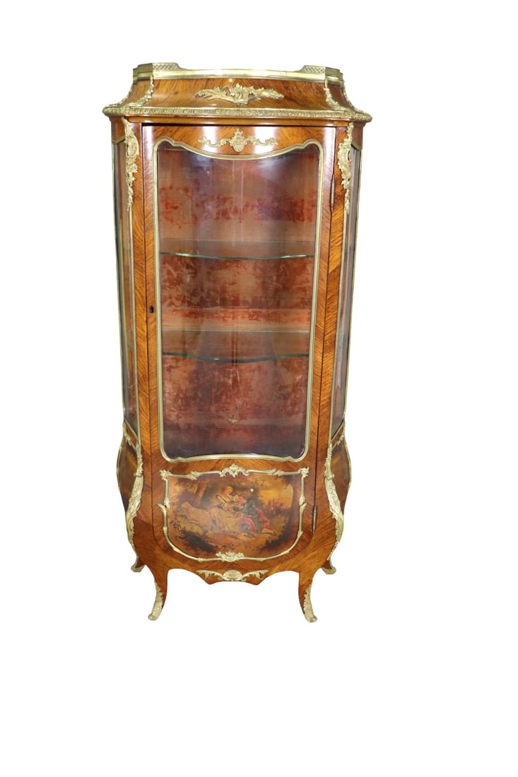 BOMBAY GLASS 2 SHELF CURIO CASE: 1 glass door containing 2 glass shelves. 2 glass sides. Painted. Brass mounted. Lined interior. 64 3/4" h x 30 1/2" w x 17 1/2" d.
