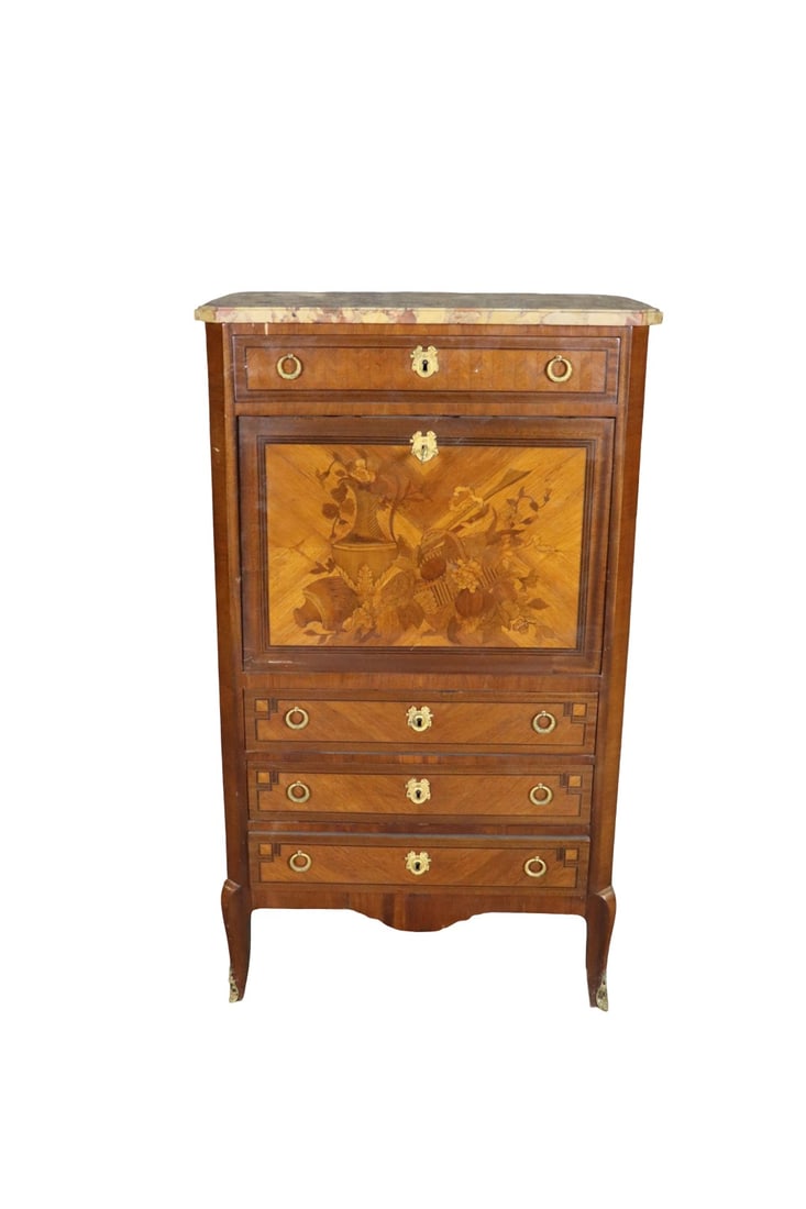 4 DRAWER MARBLE TOP INLAID ABBATANT: Inlaid. Marble top. 4 dovetailed drawers. Brass mounted. 1 drop down door containing 4 dovetailed drawers and leather writing top. 55 7/8" h x 32 1/4" w x 19" d.