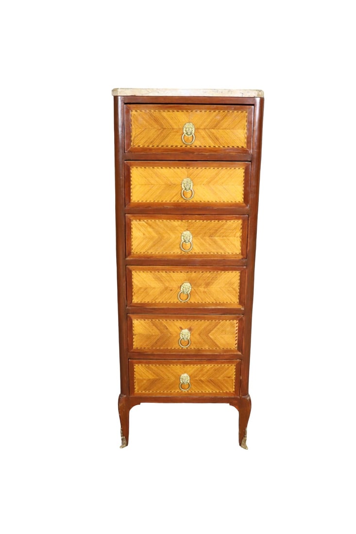 MARBLE TOP INLAID FIGURAL 6 DRAWER LINGERIE CHEST: Inlaid. Figural. Marble top. 6 dovetailed drawers. Brass mounted. 53 3/4" h x 19 3/4" w x 13 3/4" d.