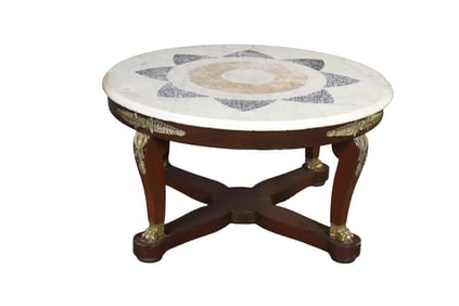 MAHOGANY MARBLE TOP BRASS MOUNTED COFFEE TABLE
