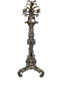 MONUMENTAL WROUGHT IRON CANDELABRA: Wrought iron. 6 candles.91 1/2" h x 30" diameter.