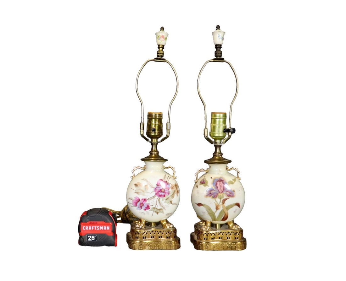 PAIR SMALL PORCELAIN LAMPS: Porcelain. Brass mounted. 19 1/8" h x 4 1/2" w x 3 1/2" d.