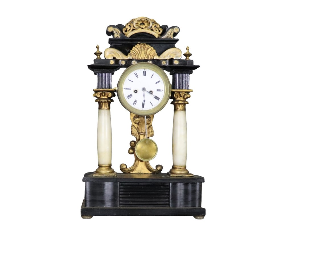 WOOD & ALABSTER COLUMN CLOCK: Ebonized. Alabaster columns. Brass accents. 20" h x 12 1/4" w x 4 1/2" d.