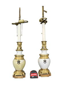 PAIR BRASS & PORCELAIN TABLE LAMPS: Brass. Porcelain. 31 1/2" h x 5 3/4" w x 5 3/4" d.