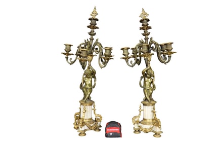 PAIR BRASS & MARBLE CHERUB FIGURAL 6 LIGHT CANDELABRAS