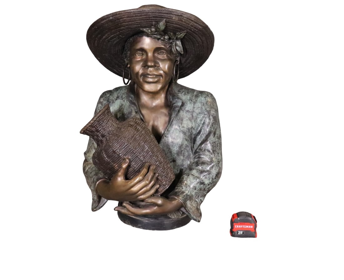 BRONZE AFRICAN WOMAN SCULPTURE: Bronze. 28 1/4" h x 19" w x 19 1/2" d.