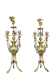 PAIR CRYSTAL & BRONZE CANDELABRAS