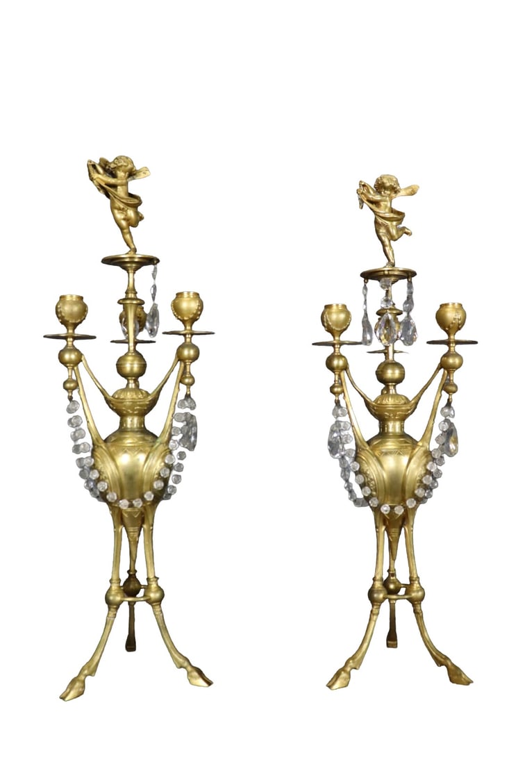 PAIR CRYSTAL & BRONZE CANDELABRAS: Crystal. Bronze. Figural. 24 3/4" h x 7 3/4" w x 7 3/4" d.