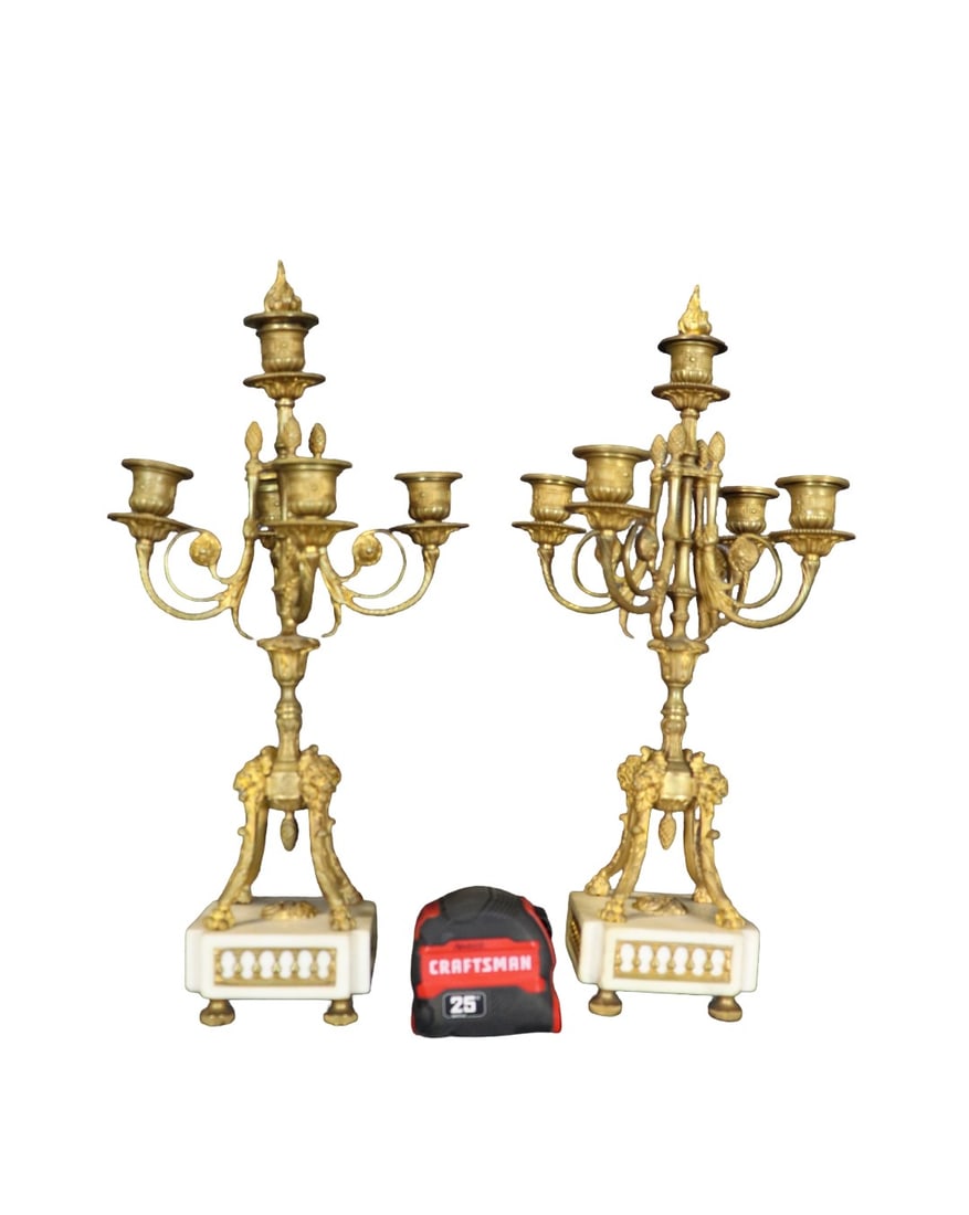 PAIR LOUIS XV STYLE MARBLE & BRONZE CANDELABRAS: Figural. Lion head. Marble. Bronze. 18 1/8" h x 7 1/4" diameter.