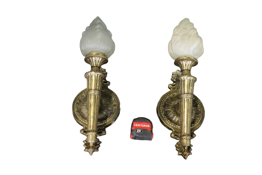 PAIR BRASS/BRONZE/GILT METAL LIGHTED WALL SCONCES (1 of 10)