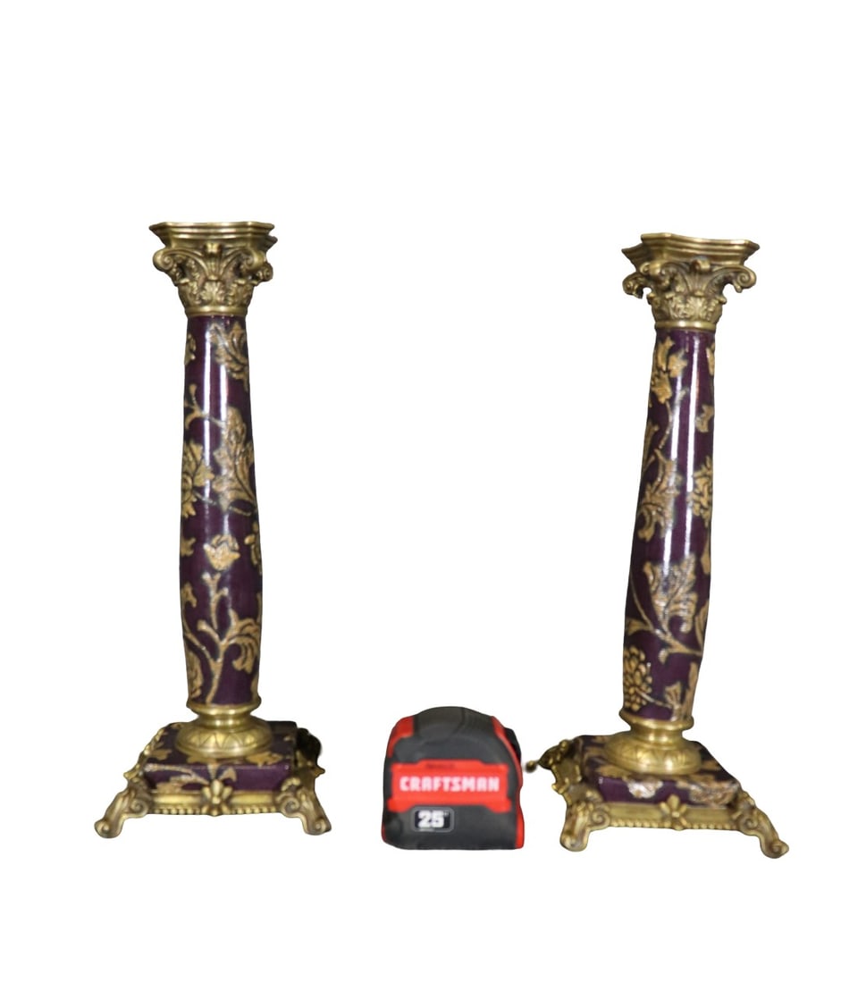 PAIR CASTILIAN BRASS & PORCELAIN CANDLE HOLDERS: Brass. Porcelain. 14 1/2" h x 5 1/2" w x 5 5/8" d.
