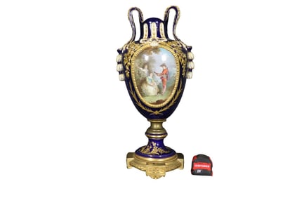 SEVRES PORCELAIN & BRASS 2 HANDLE URN