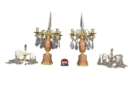 PAIR ROUGE MARBLE & CRYSTAL CANDELABRAS
