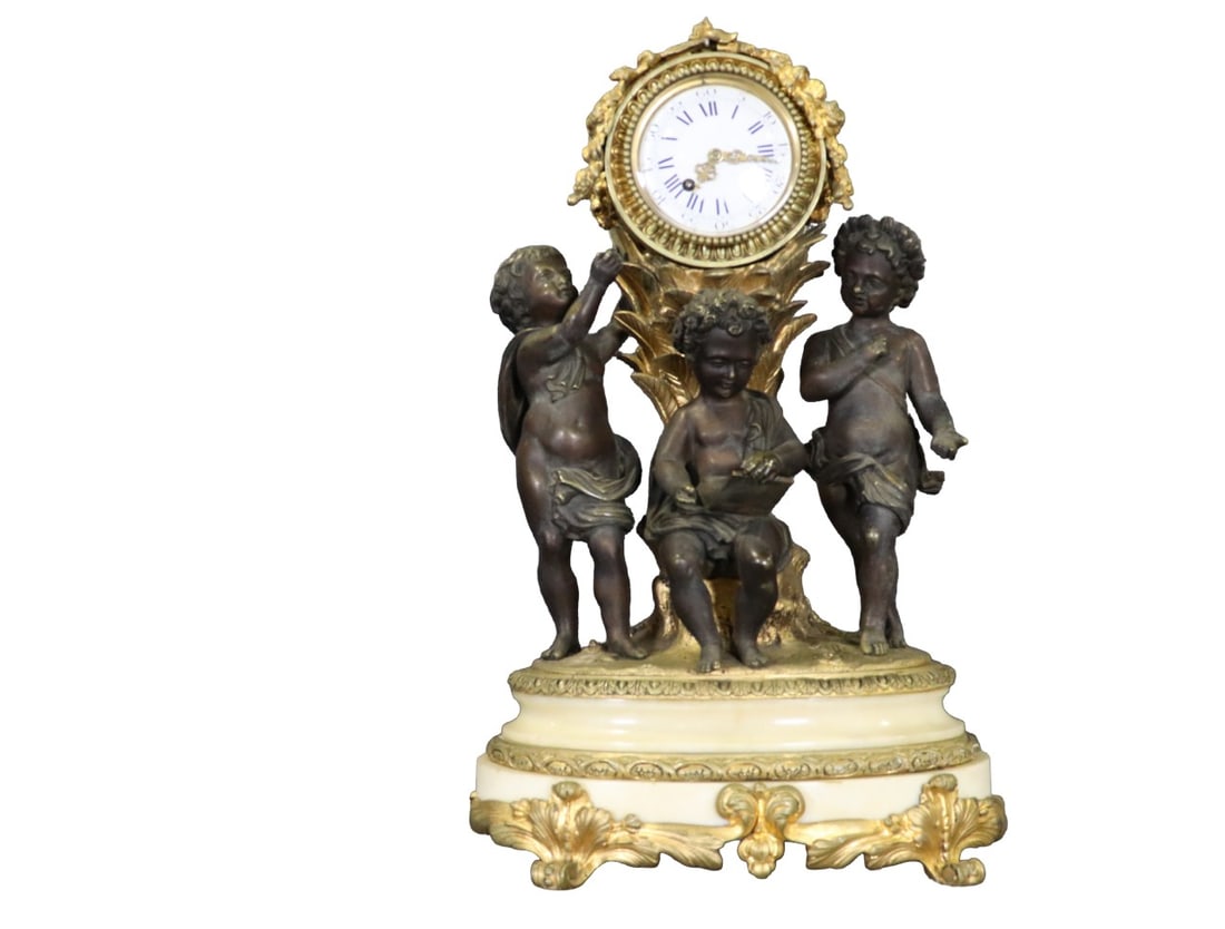 BRASS & MARBLE 3 CHERUB FIGURAL CLOCK (1 of 10)
