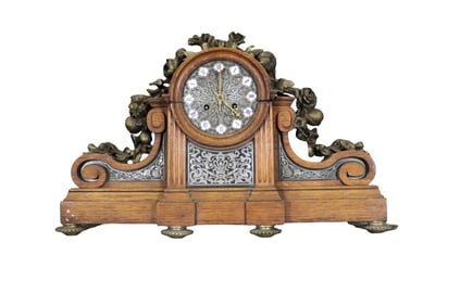 FRENCH BRONZE MOUNTED CARVED MANTLE CLOCK