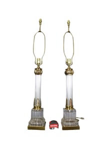 PAIR PAUL HANSON BRASS & GLASS LAMPS
