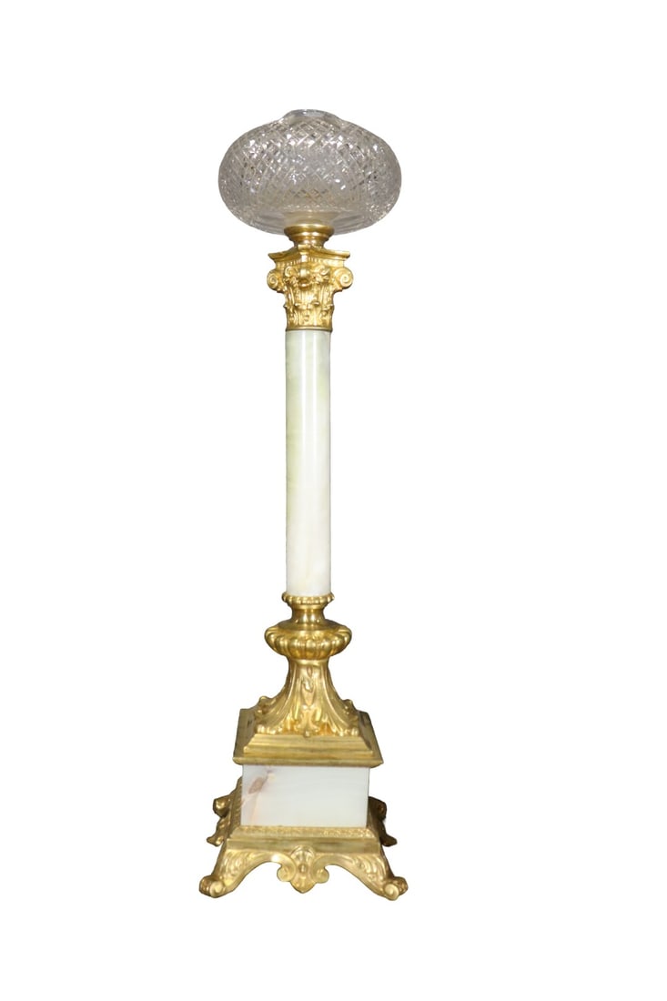 BRASS & ONYX OIL LAMP WITH CRYSTAL SHADE: Brass. Onyx. Crystal shade. 29 1/2" h x 7 3/4" w x 7 3/4" d.
