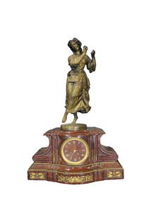 BRONZE & MARBLE FIGURAL 2 PIECE CLOCK: 1801 (44) Picard on inside of clock. 2 piece. Bronze. Figural. Brass. 25 3/8" h x 17" w x 8 3/4" d.