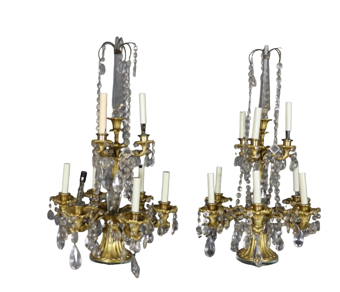 PAIR BRONZE & CRYSTAL CANDELABRAS: Bronze. Crystal. 30" h x 17" w x 16 3/4" d.