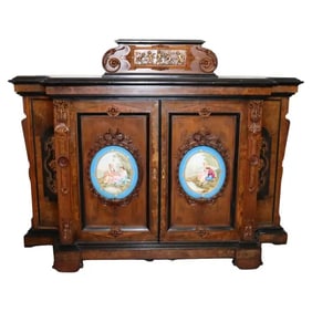 POTTIER & STYMUS ATTRIBUTED WALNUT & PORCELAIN CREDENZA