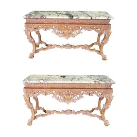 PAIR FRENCH CARVED BEECHWOOD MARBLE TOP CONSOLE TABLES