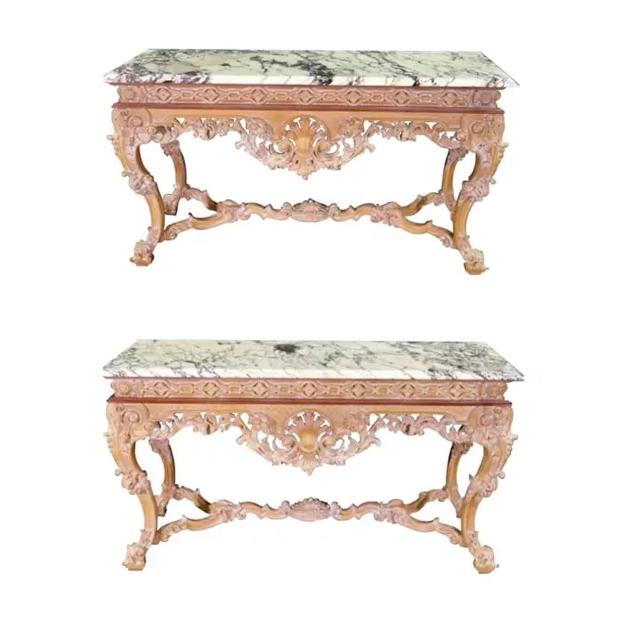 PAIR FRENCH CARVED BEECHWOOD MARBLE TOP CONSOLE TABLES: Beechwood. Carved. Marble tops. 36" h x 66 7/8" w x 25 1/2" d.