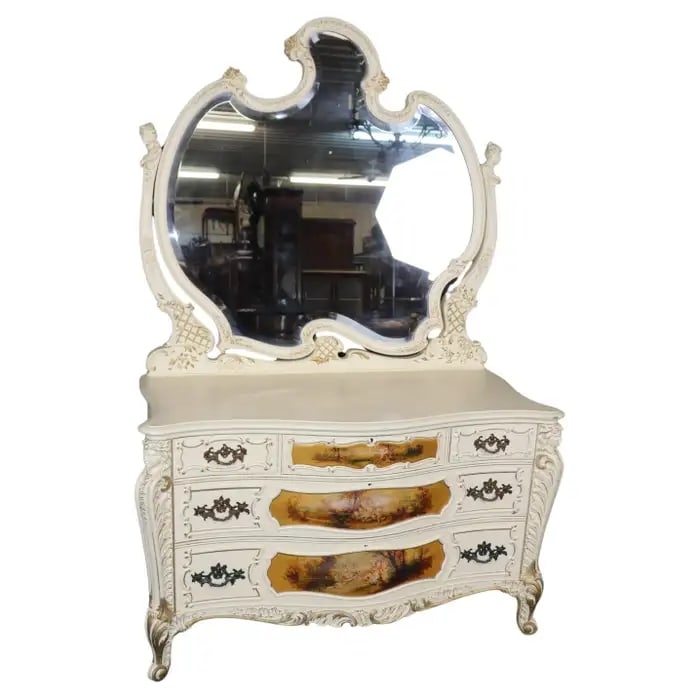 LOUIS XV STYLE ART NOUVEAU FIGURAL PAINTED DRESSER & MIRROR (1 of 14)