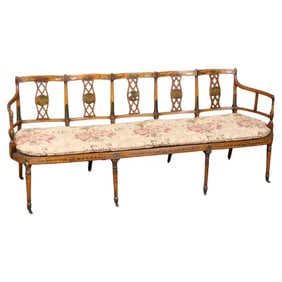 ENGLISH ADAMS PAINT DECORATED SATINWOOD CANE SETTEE