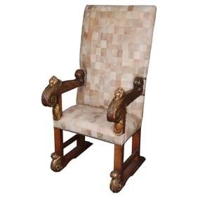 ITALIAN 19TH C WALNUT THRONE CHAIR IN LEATHER