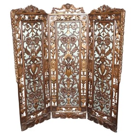 ITALIAN CARVED WALNUT & GILDED FIGURAL 3 PANEL SCREEN