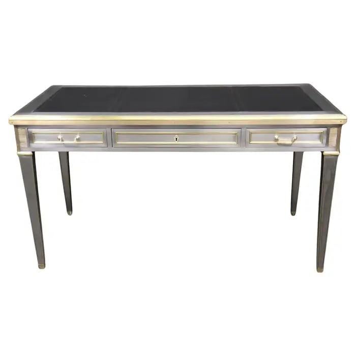JOHN VESEY STYLE BRASS & STEEL EMBOSSED LEATHER TOP DESK: Brass. Steel. Embossed leather top. 32 1/2" h x 60 1/2" w x 30 1/4" d.
