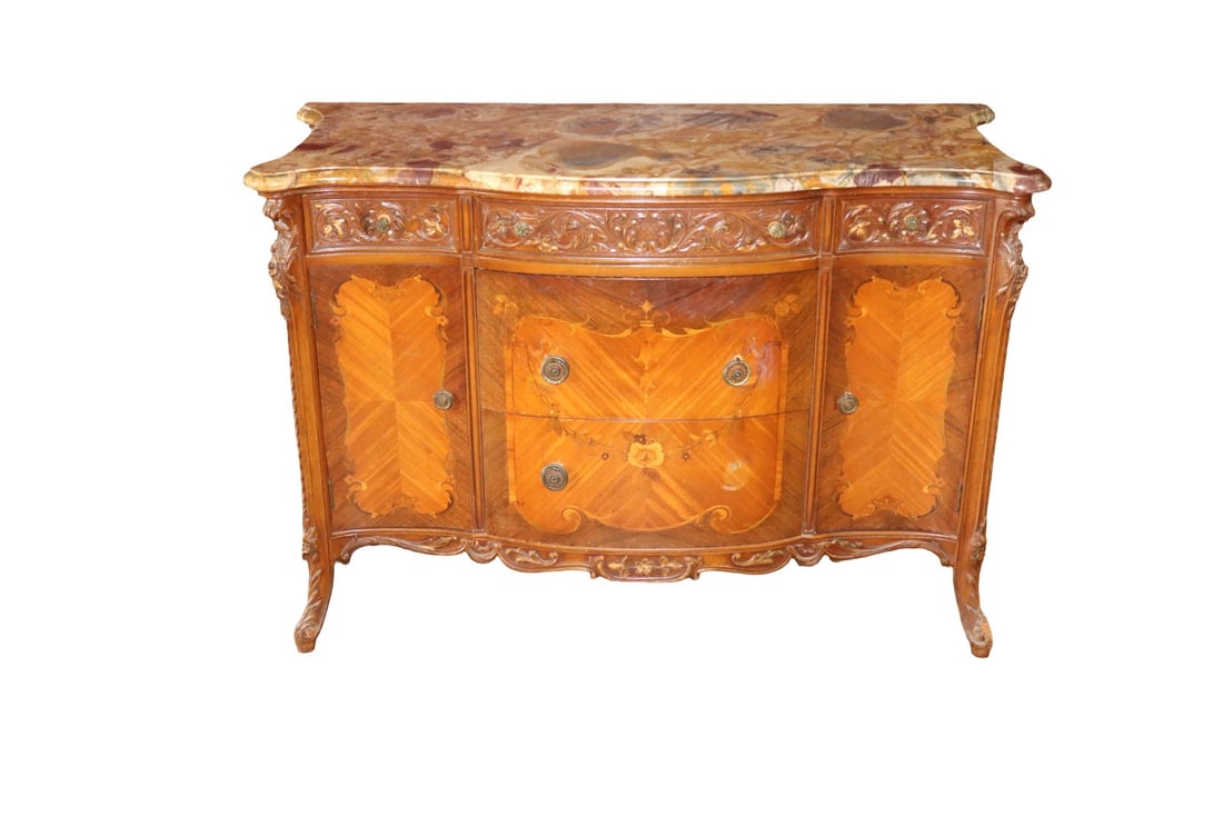 CARVED MARBLE TOP INLAID LOW CHEST (1 of 12)