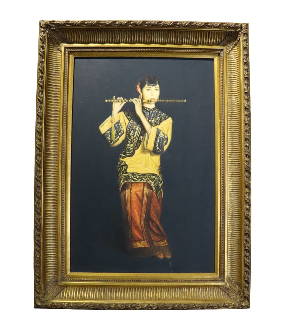 OIL PAINTING ON CANVAS ASIAN WITH FLUTE: Unsigned. On canvas. Framed measures 46 1/2" h x 35 1/2" w x 3 1/4" d. Painting measures 35 1/4" h x 23 1/2" w.