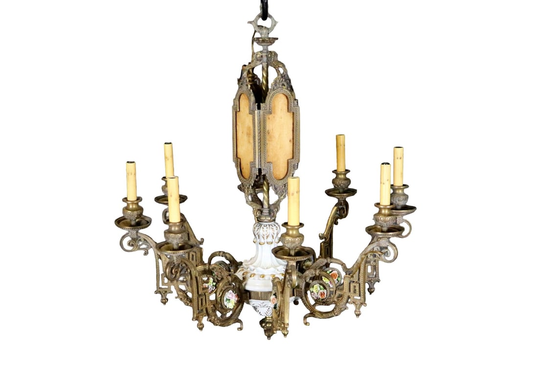 PORCELAIN & BRASS 8 ARM CHANDELIER: Porcelain. Brass. 8 arms. 33" h x 28 3/4" diameter.