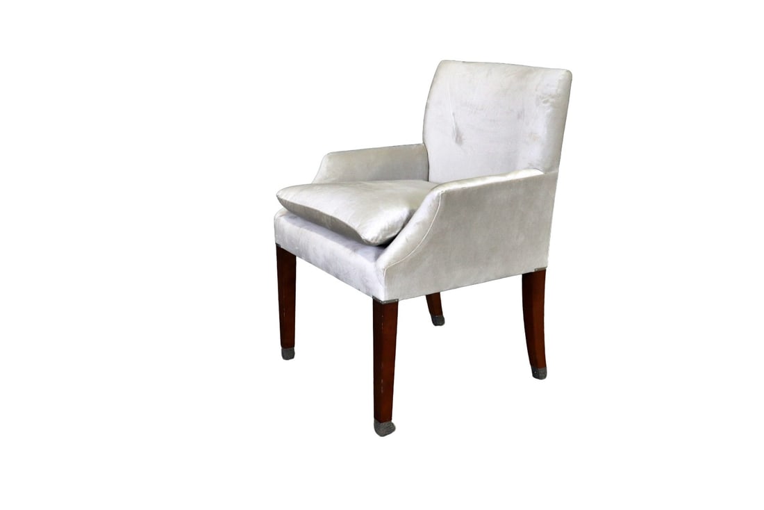 RALPH LAUREN UPHOLSTERED CHAIR: Wood legs. Chrome foot caps. Upholstered. 34" h x 23 3/4" w x 27" d. Seat height 22".