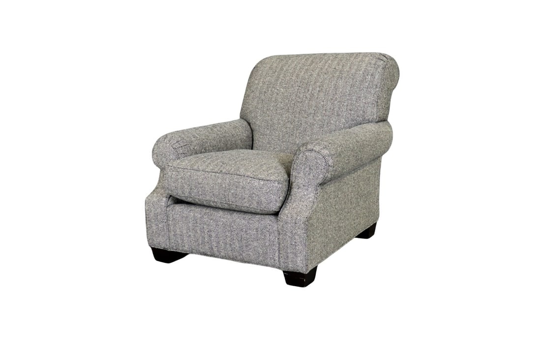 RALPH LAUREN UPHOLSTERED CLUB CHAIR: Upholstered. Wood legs. 37 1/2" h x 34 1/4" w x 44 1/2" d. Seat height 20".