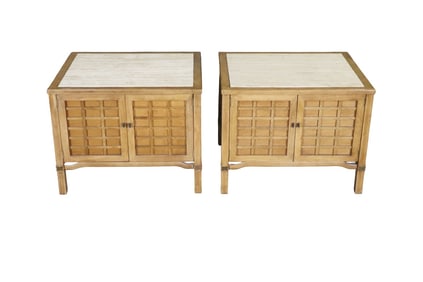 PAIR UNSIGNED THOMASVILLE ORIENTAL TRAVERTINE END TABLES