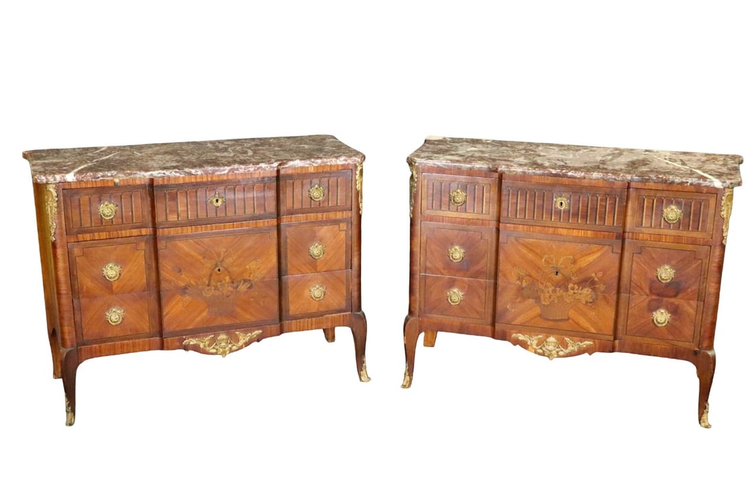 PAIR MARBLE TOP BRONZE MOUNTED INLAID COMMODES: Marble tops. Inlaid. Bronze mounts and hardware. 3 dovetailed drawers. 35 3/8" h x 47" w x 18 7/8" .