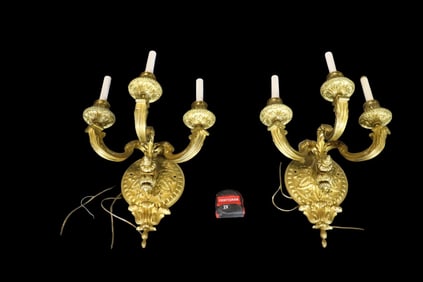 PAIR LATE 19TH C GILT BRONZE 3 LIGHT SCONCES