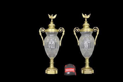 PAIR LATE 19TH C GILT BRONZE & CRYSTAL BACCARAT STYLE VASES
