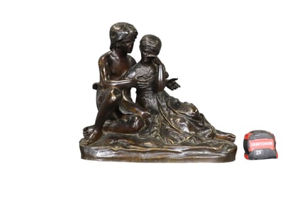 SIGNED ALEXANDRE FALGUIERE LATE 19TH C PATINATED BRONZE SCULPTURE LOVING COUPLE